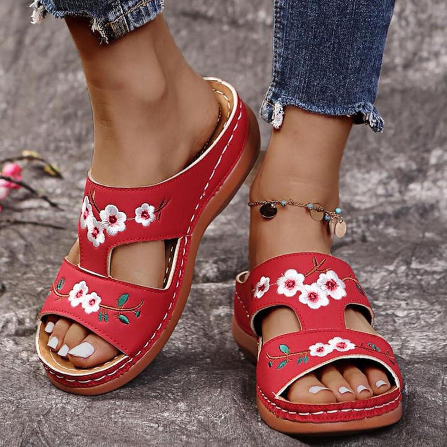 image:imageSandales Femmes t Sandales Antidrapantes Respirantes Bohme Bout Ouvert Sandales Orthopdique Confortables Plateforme Chaussures Sandales Femme t Confortable avec Talon Bloc De Marche FemmeRouge E