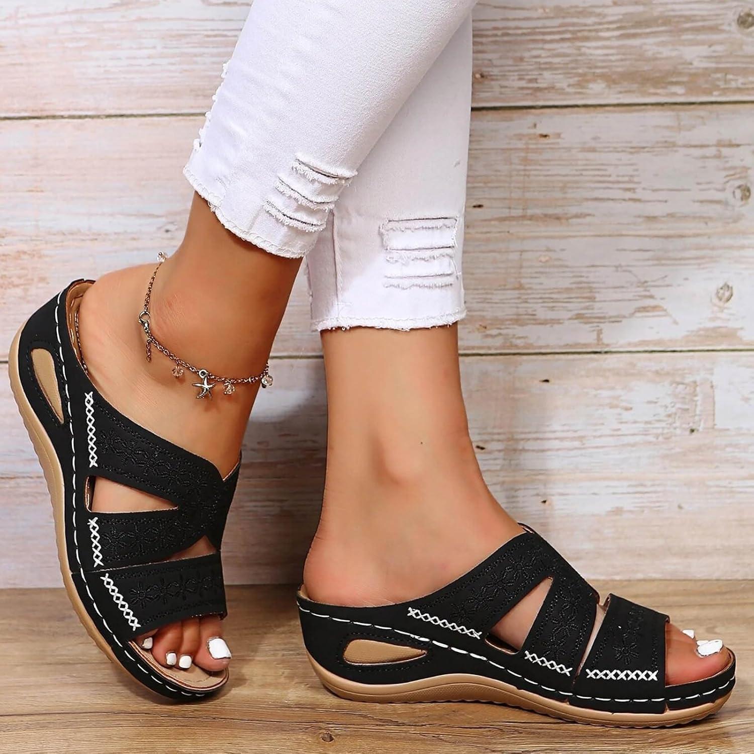 image:imageSandales Femmes t Sandales Antidrapantes Respirantes Bohme Bout Ouvert Sandales Orthopdique Confortables Plateforme Chaussures Sandales Femme t Confortable avec Talon Bloc De Marche FemmeLe Noir D