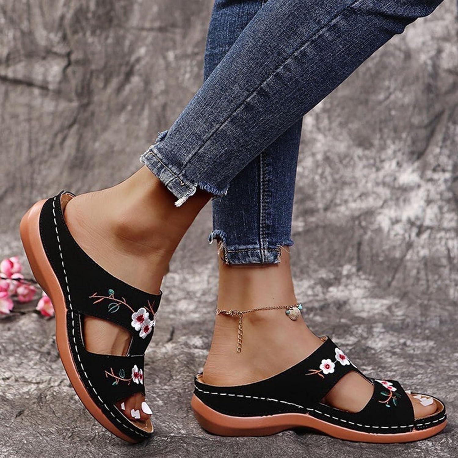 image:imageSandales Femmes t Sandales Antidrapantes Respirantes Bohme Bout Ouvert Sandales Orthopdique Confortables Plateforme Chaussures Sandales Femme t Confortable avec Talon Bloc De Marche FemmeLe Noir E