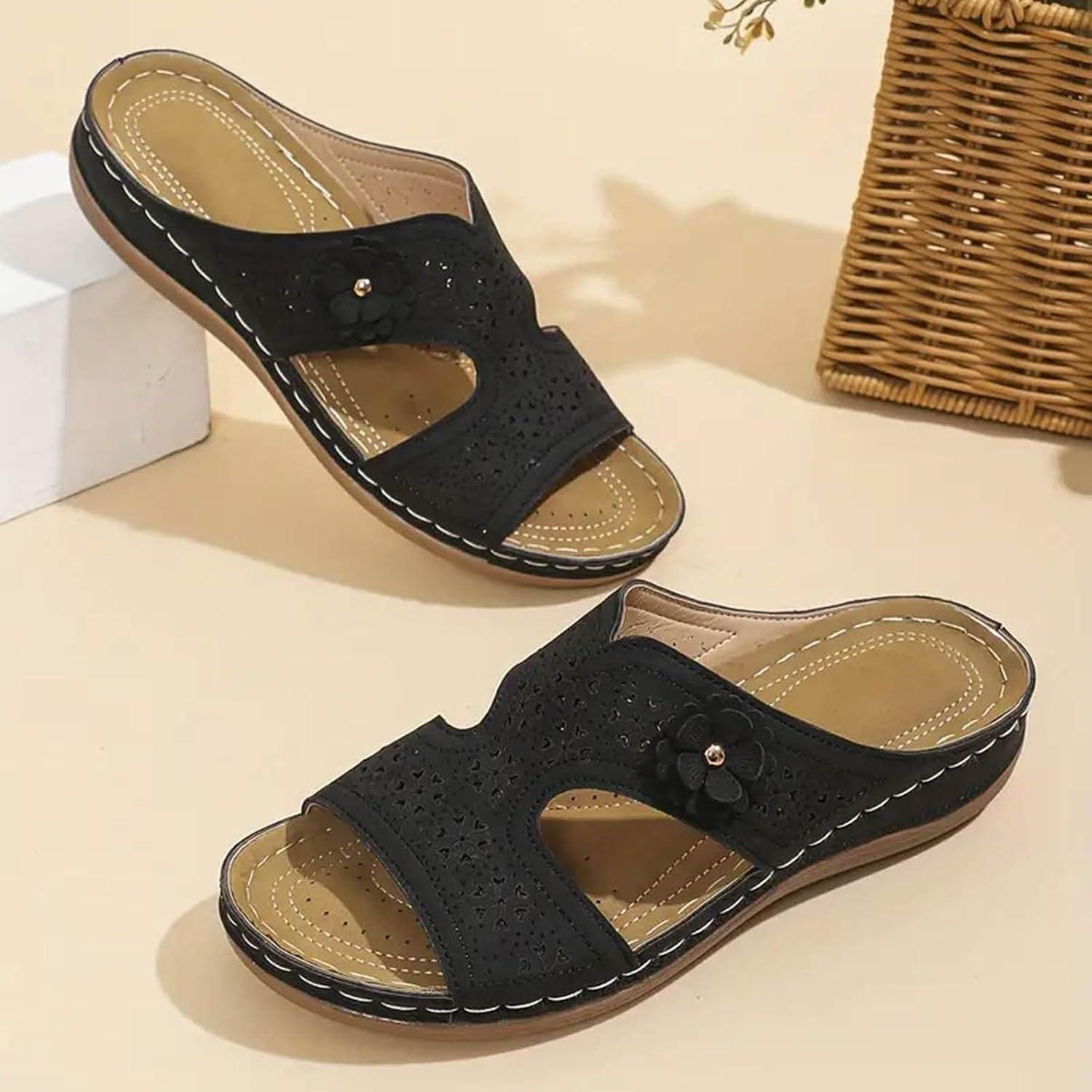 image:imageSandales Femmes t Sandales Antidrapantes Respirantes Bohme Bout Ouvert Sandales Orthopdique Confortables Plateforme Chaussures Sandales Femme t Confortable avec Talon Bloc De Marche FemmeLe Noir C