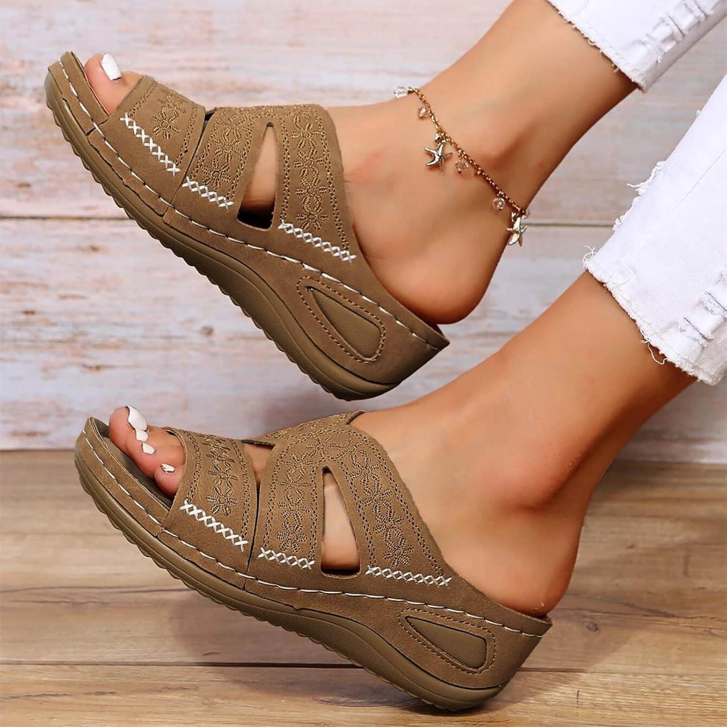 image:imageSandales Femmes t Sandales Antidrapantes Respirantes Bohme Bout Ouvert Sandales Orthopdique Confortables Plateforme Chaussures Sandales Femme t Confortable avec Talon Bloc De Marche FemmeBrun D