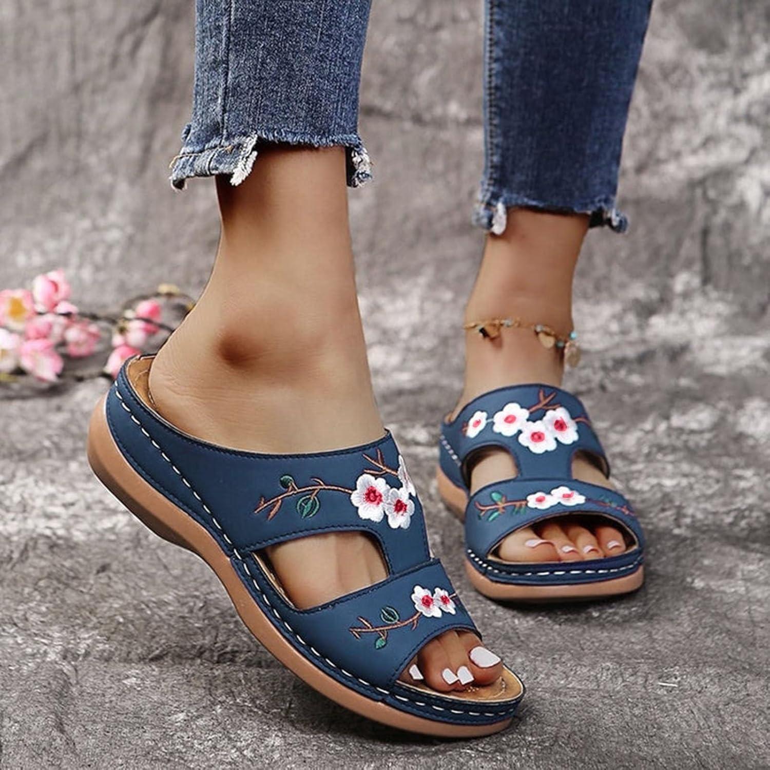 image:imageSandales Femmes t Sandales Antidrapantes Respirantes Bohme Bout Ouvert Sandales Orthopdique Confortables Plateforme Chaussures Sandales Femme t Confortable avec Talon Bloc De Marche FemmeBleu E