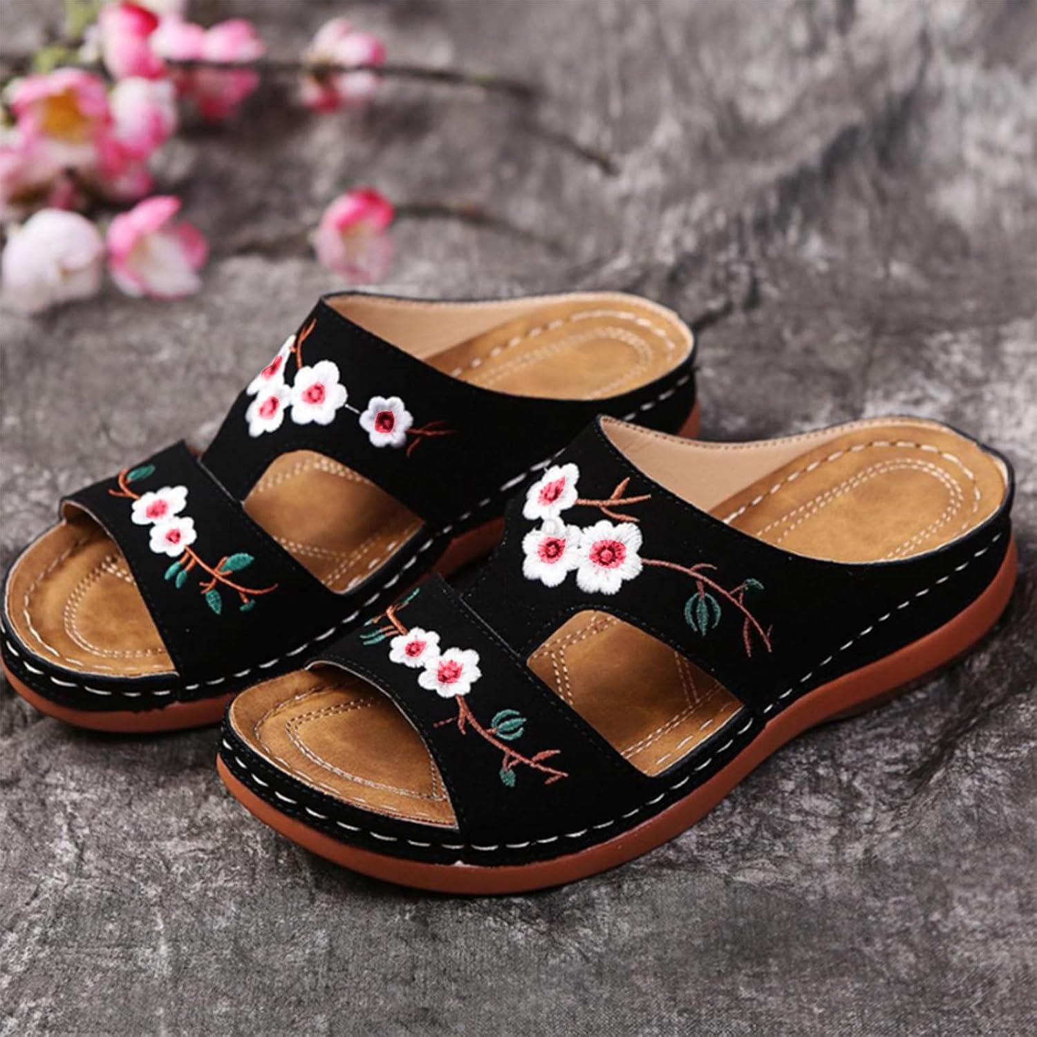 image:imageSandales Femmes t Sandales Antidrapantes Respirantes Bohme Bout Ouvert Sandales Orthopdique Confortables Plateforme Chaussures Sandales Femme t Confortable avec Talon Bloc De Marche FemmeLe Noir E