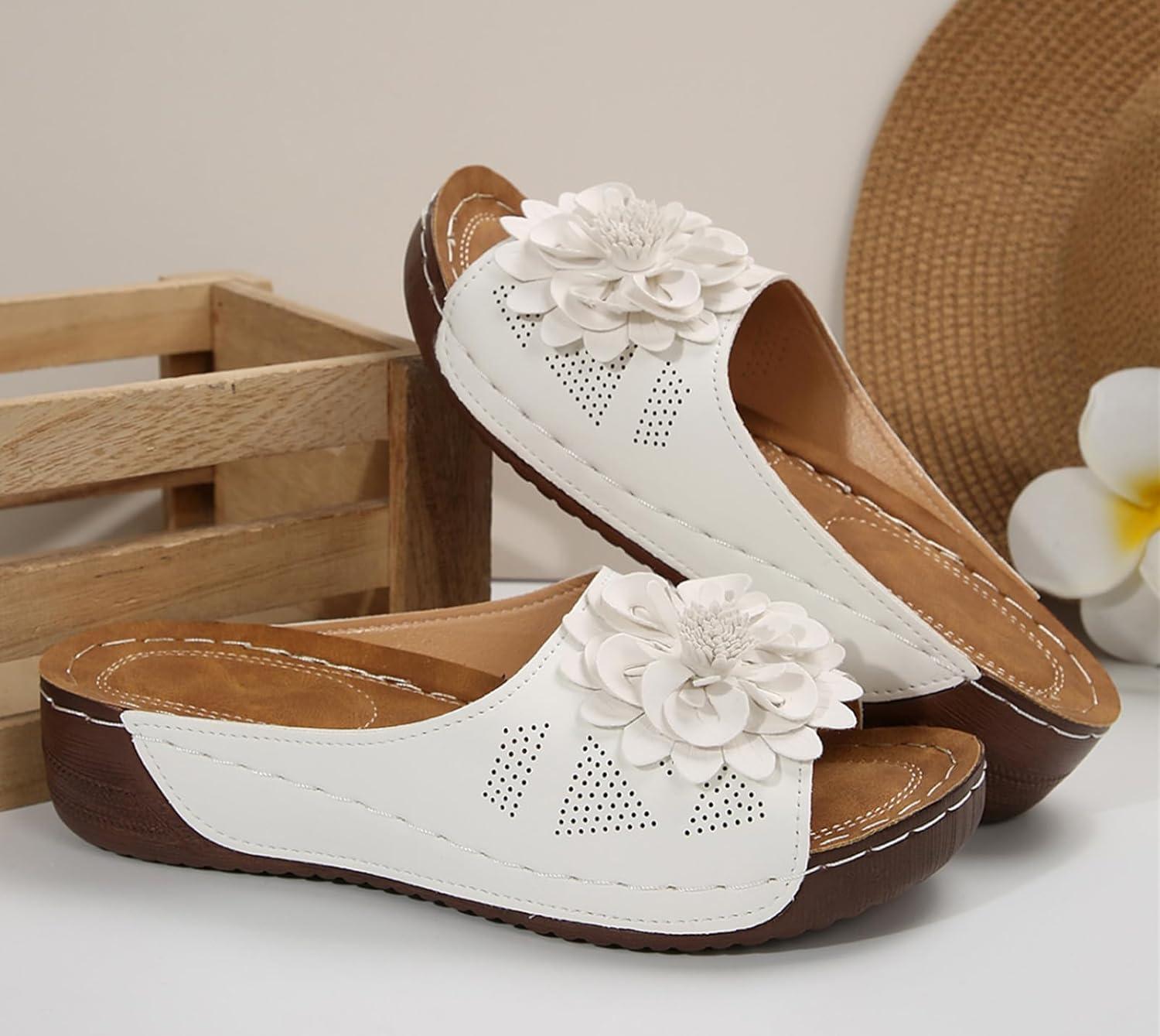 image:imageSandales orthopdiques enfiler pour femme Lgres et paisses Avec soutien confortable de la vote plantaireBlanc Fleur