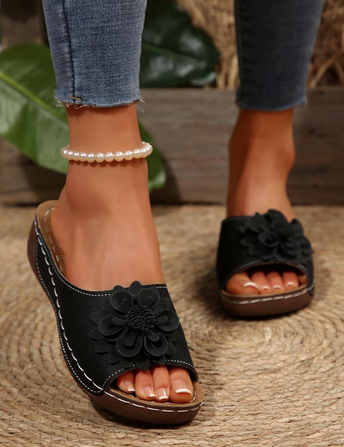 image:imageSandales orthopdiques enfiler pour femme Lgres et paisses Avec soutien confortable de la vote plantaireNoir Fleur