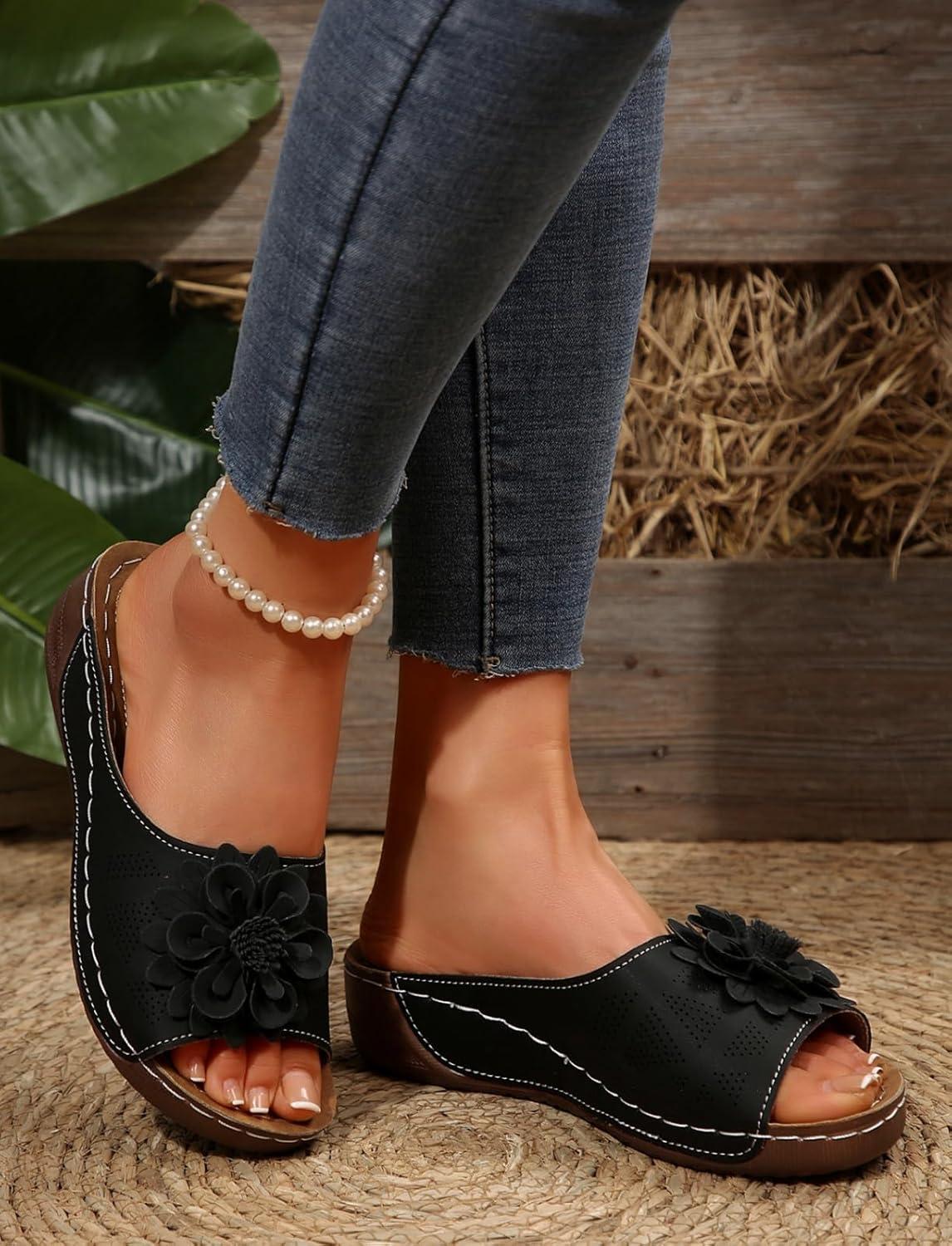image:imageSandales orthopdiques enfiler pour femme Lgres et paisses Avec soutien confortable de la vote plantaireNoir Fleur
