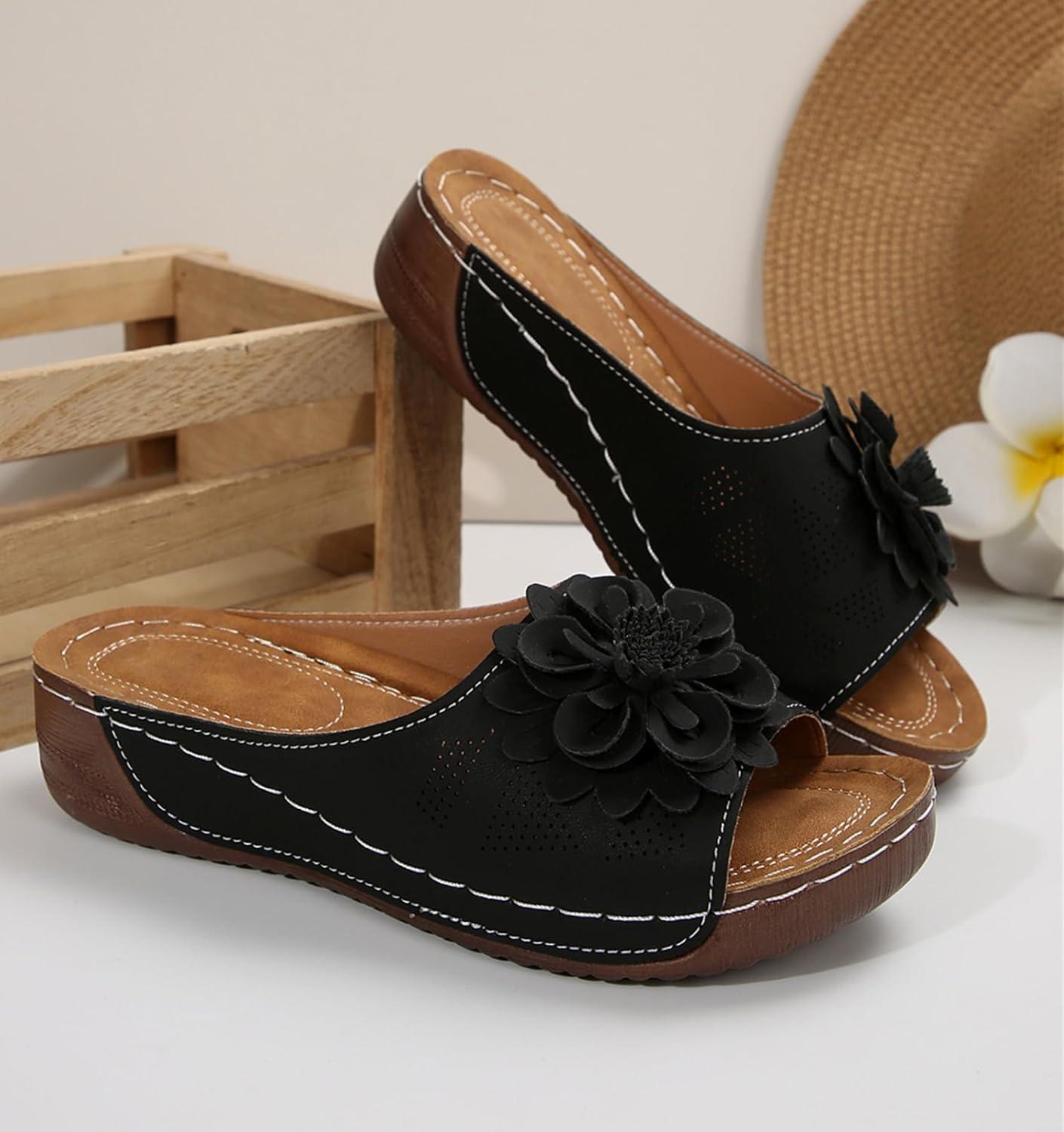 image:imageSandales orthopdiques enfiler pour femme Lgres et paisses Avec soutien confortable de la vote plantaireNoir Fleur