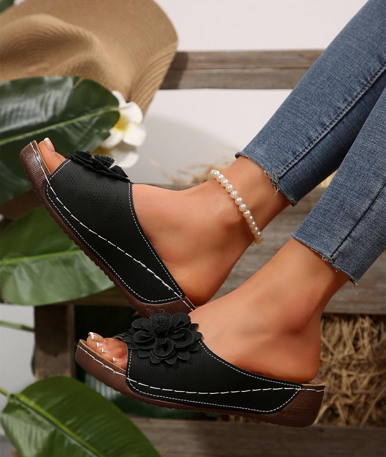 image:imageSandales orthopdiques enfiler pour femme Lgres et paisses Avec soutien confortable de la vote plantaireNoir Fleur