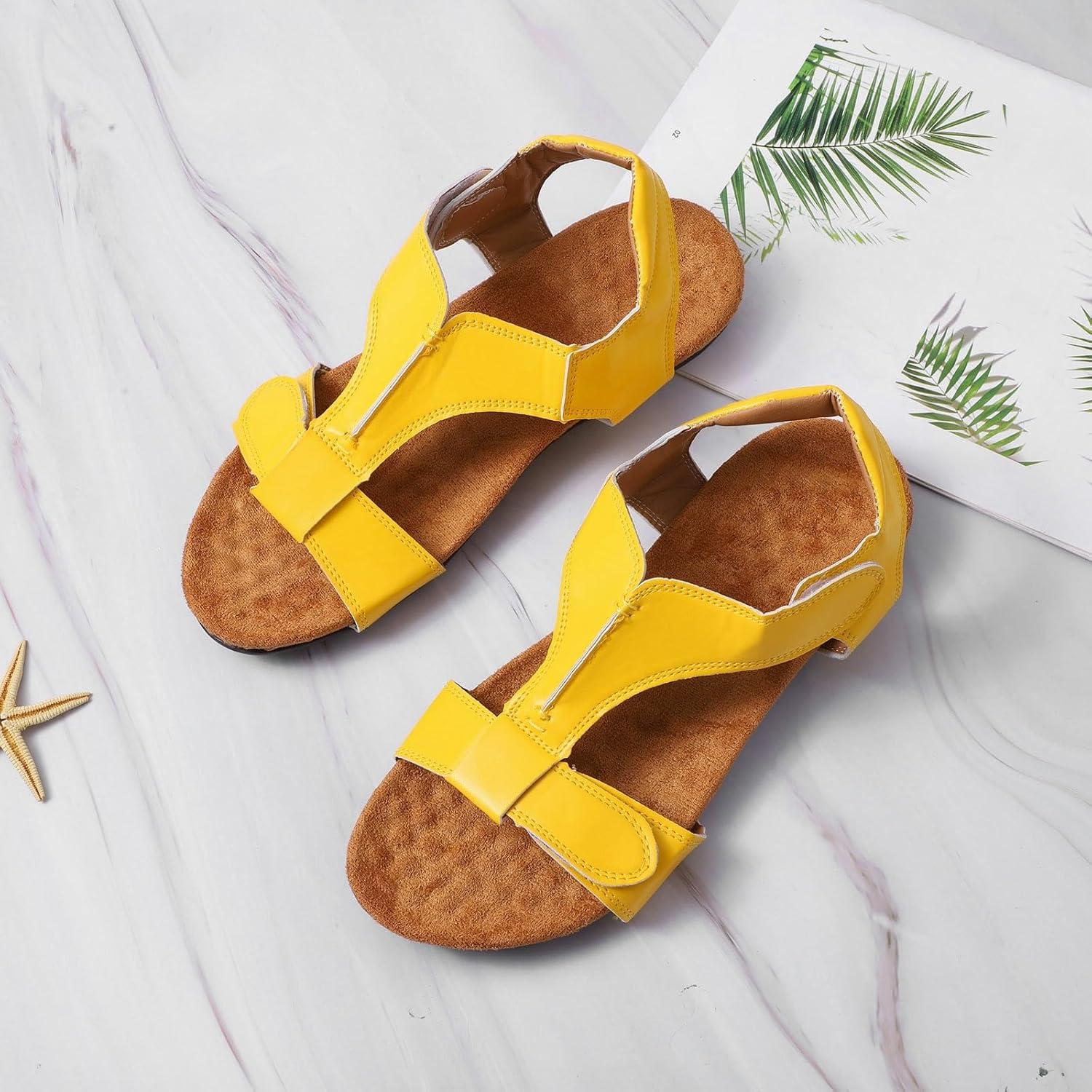 image:imageSandales orthopdiques compenses pour femme avec soutien de la vote plantaire Sandales compenses enfiler Large largeur Bout ouvert Rglable Fermeture facile Velcro Chaussures deJaune