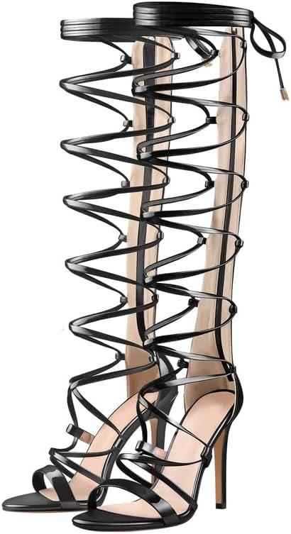 image:imageVERISSON Sandales talons hauts pour femme Sandales romaines lanires avec talon aiguilleVernis Noir