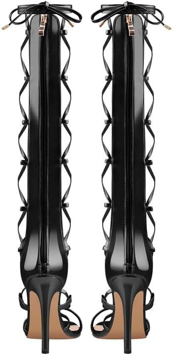 image:imageVERISSON Sandales talons hauts pour femme Sandales romaines lanires avec talon aiguilleVernis Noir
