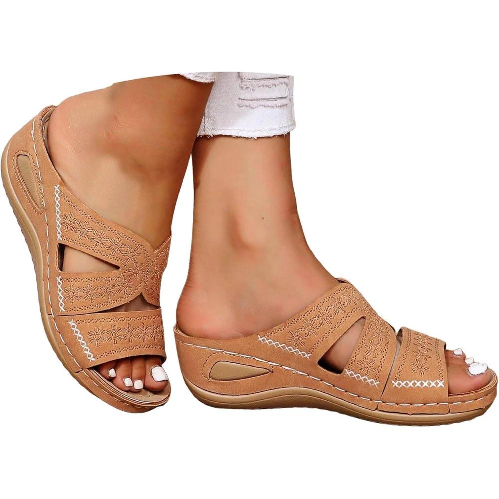 image:imageChaussures orthopdiques pour femme Mules dt Talon compens lgantes En cuir Confortables Antidrapantes Pour la plage et les vacancesMarron