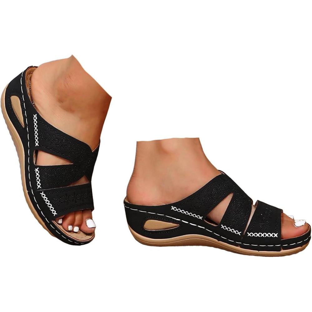 image:imageChaussures orthopdiques pour femme Mules dt Talon compens lgantes En cuir Confortables Antidrapantes Pour la plage et les vacancesNoir