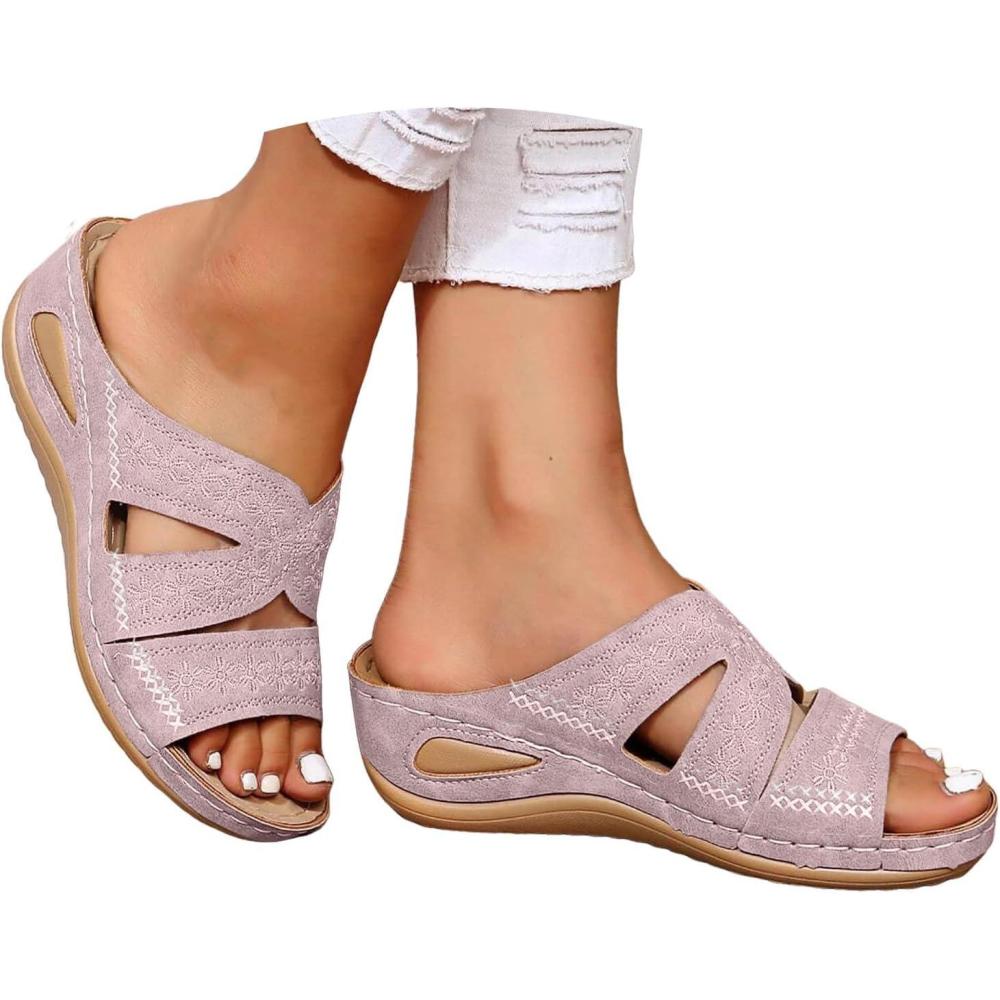 image:imageChaussures orthopdiques pour femme  Mules dt  Talon compens  lgantes  En cuir  Confortables  Antidrapantes  Pour la plage et les vacancesRose