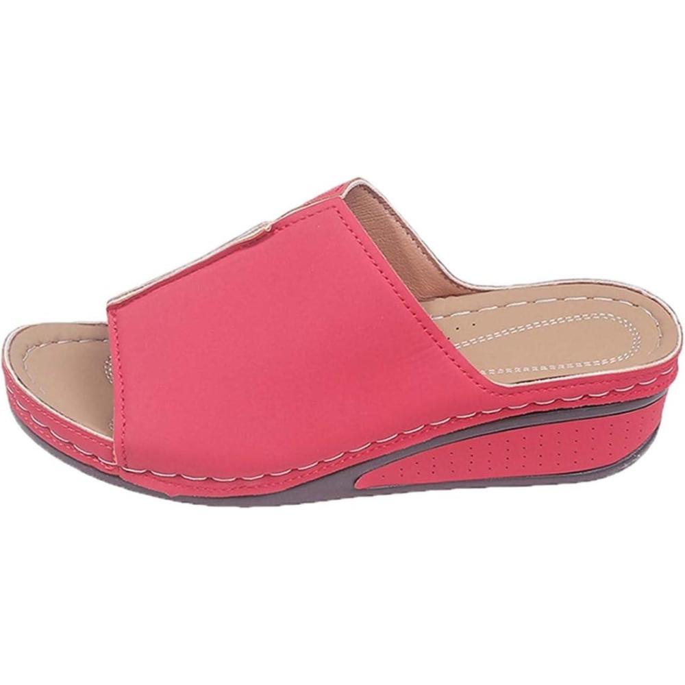 image:imageGenerico Chaussons orthopdiques pour femme la maison souple en cuir avec semelle compense lgantes plateforme Slippers Trekking Sportifs chaussures de douche plage intrieur extrieurRouge