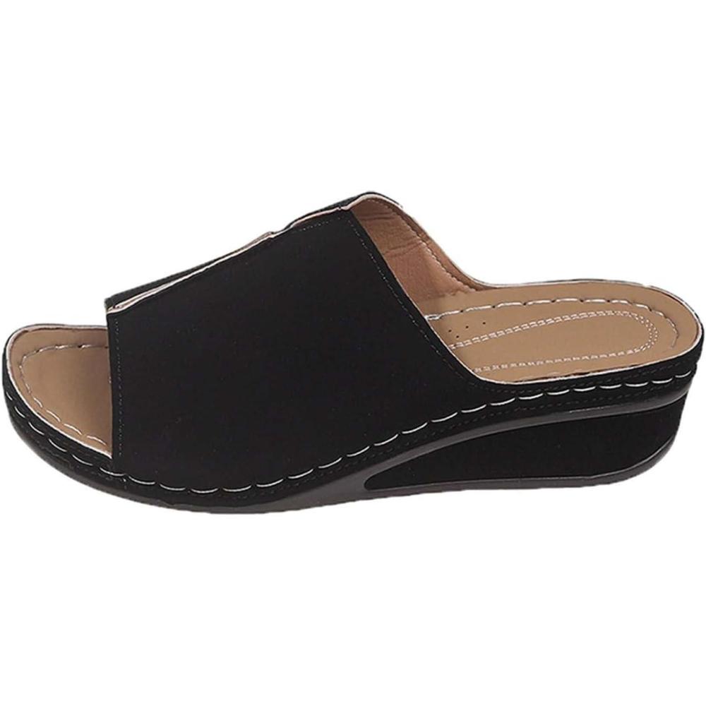 image:imageGenerico Chaussons orthopdiques pour femme la maison souple en cuir avec semelle compense lgantes plateforme Slippers Trekking Sportifs chaussures de douche plage intrieur extrieurNoir