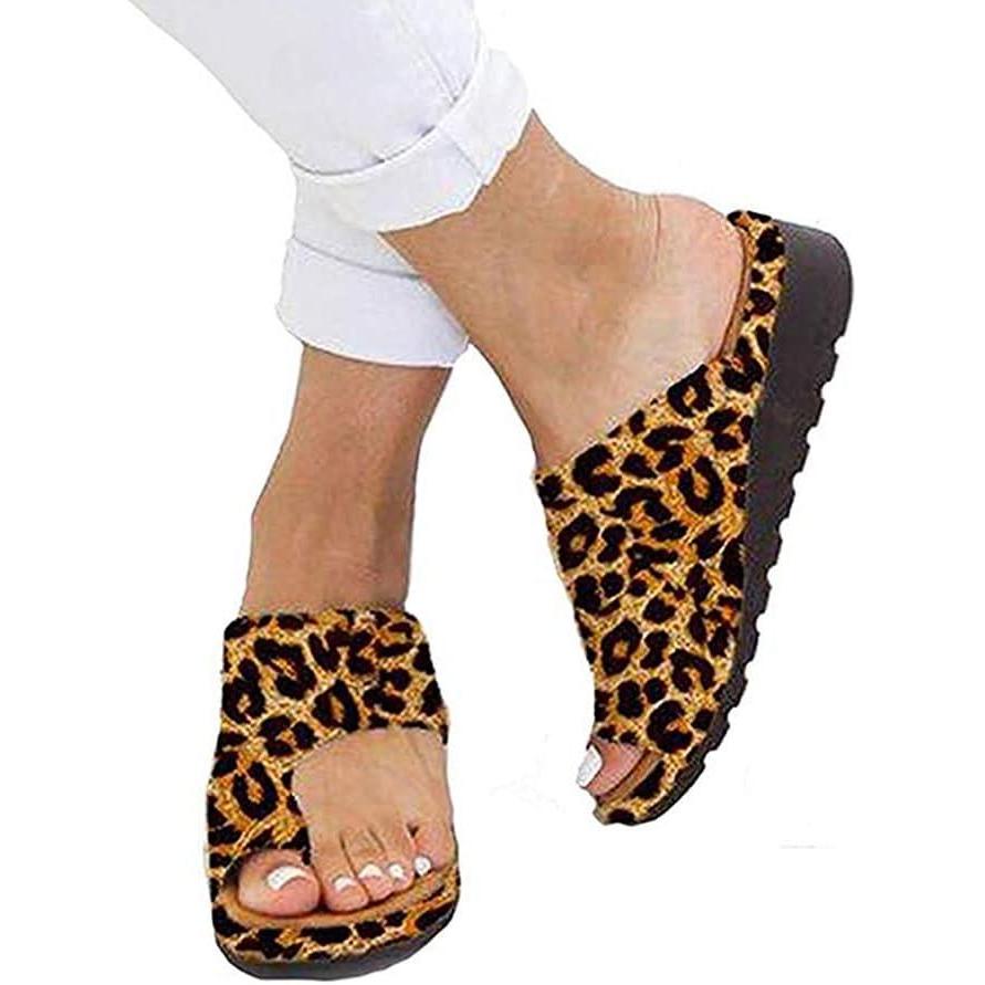 image:imageMinetom Femmes Sandales Orthopdiques Hallux Valgus Compenses Tongs Confortables pour Dames avec Correction du Gros Orteil Pantoufles Dcontractes Bout OuvertA Lopard
