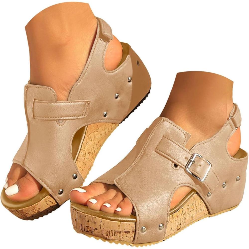 image:imageMules compenses pour femme  Sandales compenses lgantes en cuir  Confortables  Antidrapantes  Dcontractes  Rivets  Sandales dt  Pour la plage et les vacancesT 5 Kaki
