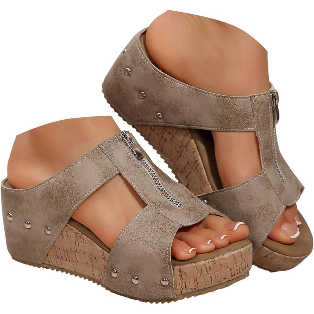 image:imageMules compenses pour femme  Sandales compenses lgantes en cuir  Confortables  Antidrapantes  Dcontractes  Rivets  Sandales dt  Pour la plage et les vacancesT 3 Kaki