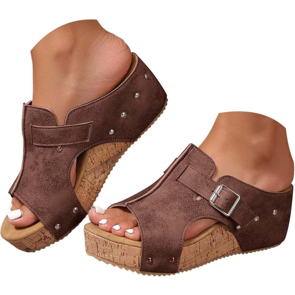 image:imageMules compenses pour femme  Sandales compenses lgantes en cuir  Confortables  Antidrapantes  Dcontractes  Rivets  Sandales dt  Pour la plage et les vacancesT 2 Marron