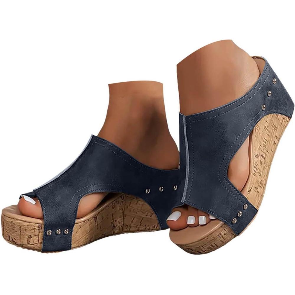 image:imageMules compenses pour femme  Sandales compenses lgantes en cuir  Confortables  Antidrapantes  Dcontractes  Rivets  Sandales dt  Pour la plage et les vacancesT 1 Marine