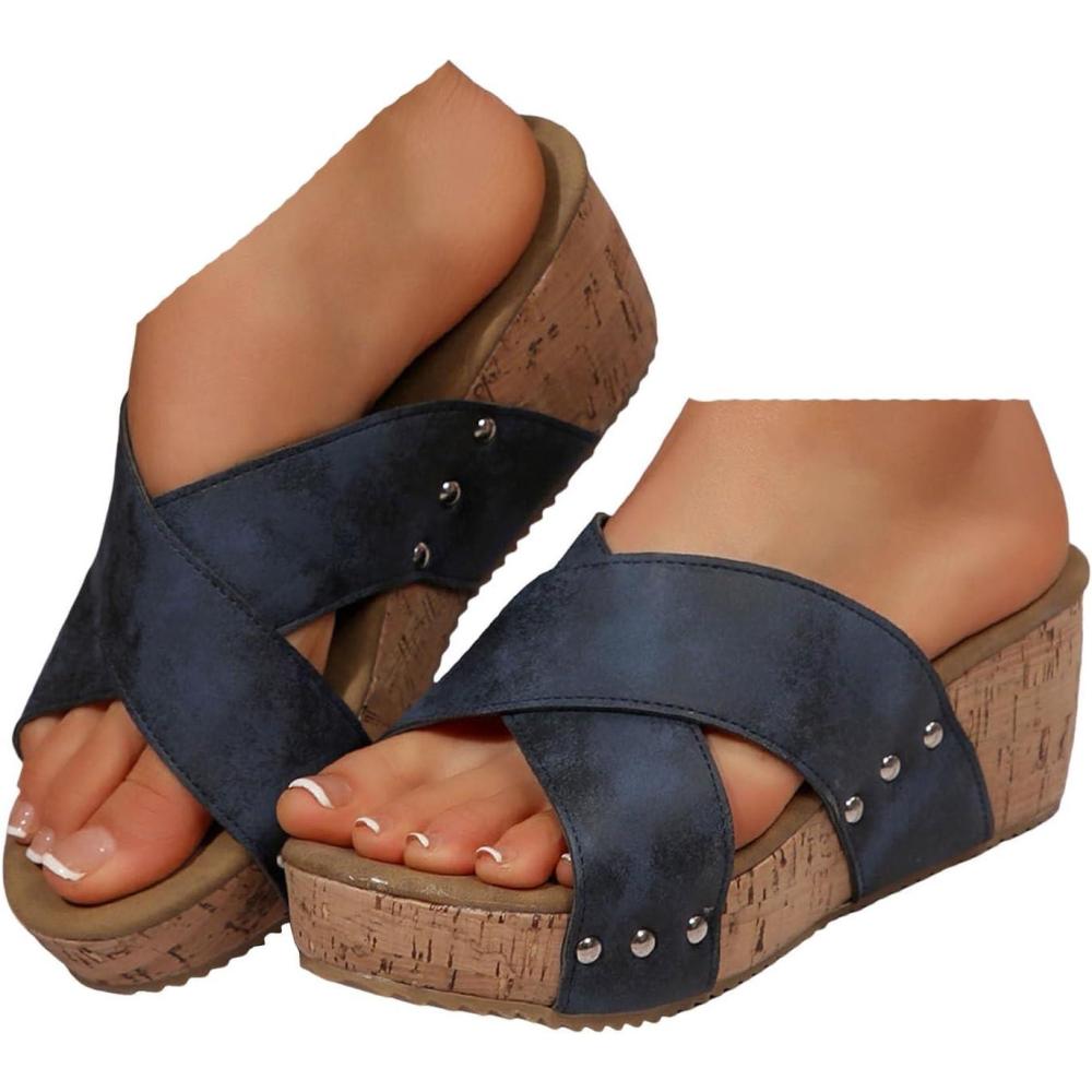 image:imageMules compenses pour femme  Sandales compenses lgantes en cuir  Confortables  Antidrapantes  Dcontractes  Rivets  Sandales dt  Pour la plage et les vacancesT 6 Bleu