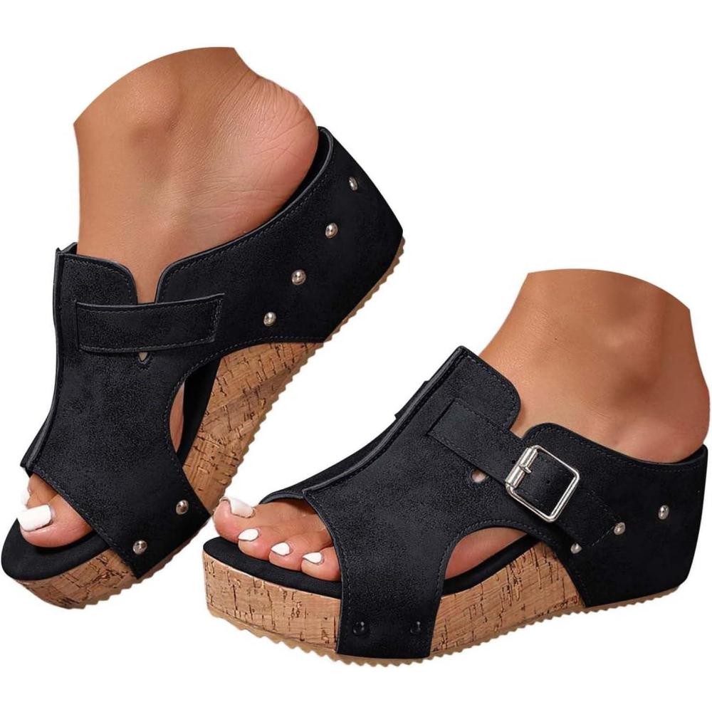 image:imageMules compenses pour femme  Sandales compenses lgantes en cuir  Confortables  Antidrapantes  Dcontractes  Rivets  Sandales dt  Pour la plage et les vacancesT 2 Noir