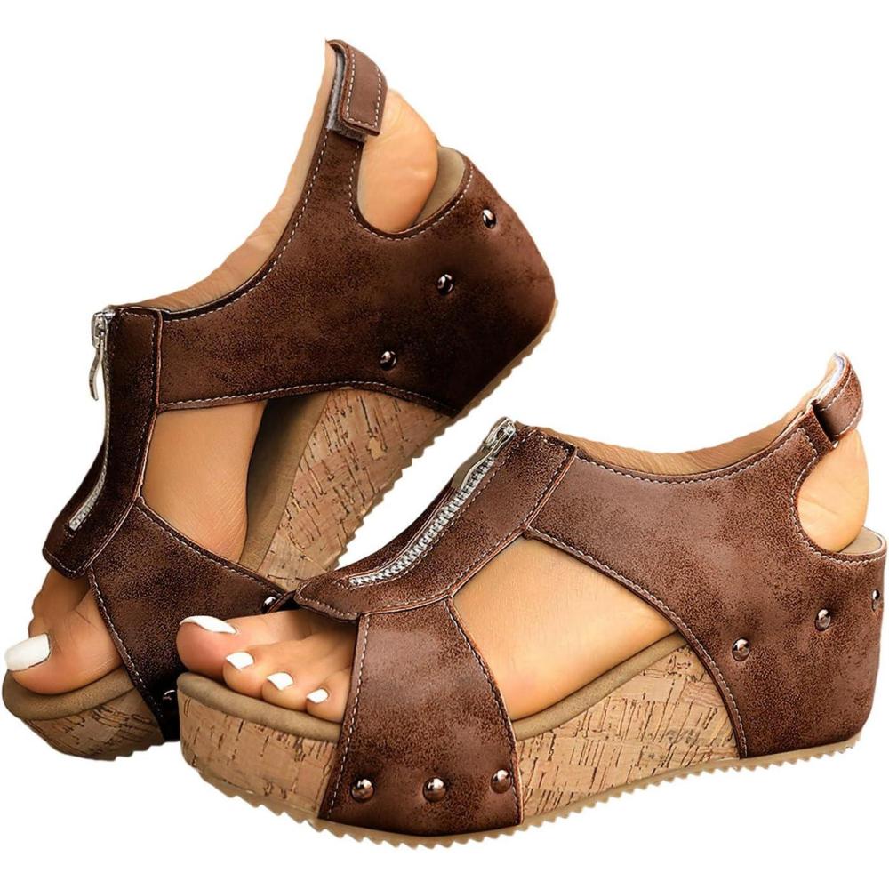 image:imageMules compenses pour femme  Sandales compenses lgantes en cuir  Confortables  Antidrapantes  Dcontractes  Rivets  Sandales dt  Pour la plage et les vacancesT 4 Marron