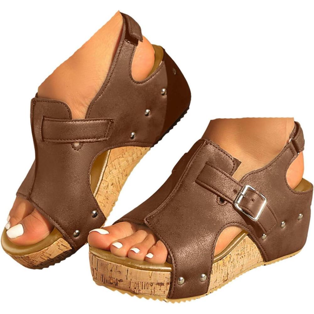 image:imageMules compenses pour femme  Sandales compenses lgantes en cuir  Confortables  Antidrapantes  Dcontractes  Rivets  Sandales dt  Pour la plage et les vacancesT 5 Marron