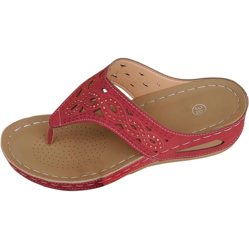 image:imageSandales orteils en cuir pour femme Chaussures de plage pour femme Chaussures compenses schage rapide Sandales compenses respirantes Semelle compense Soutien de la vote plantaireRouge