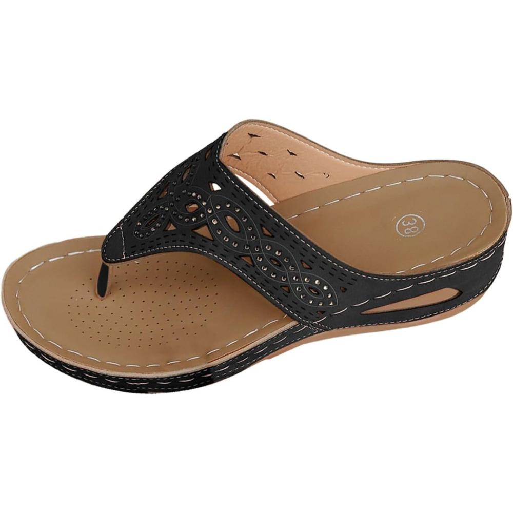 image:imageSandales orteils en cuir pour femme Chaussures de plage pour femme Chaussures compenses schage rapide Sandales compenses respirantes Semelle compense Soutien de la vote plantaireNoir
