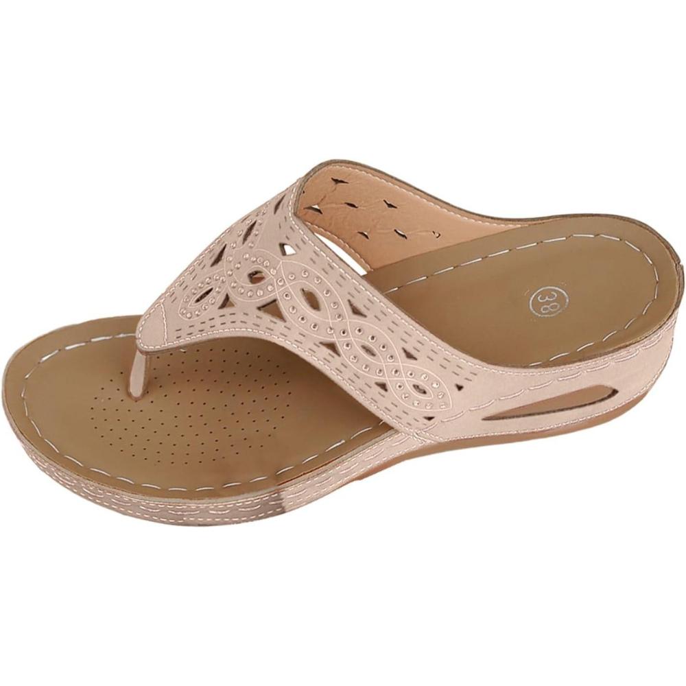 image:imageSandales orteils en cuir pour femme Chaussures de plage pour femme Chaussures compenses schage rapide Sandales compenses respirantes Semelle compense Soutien de la vote plantaireBeige