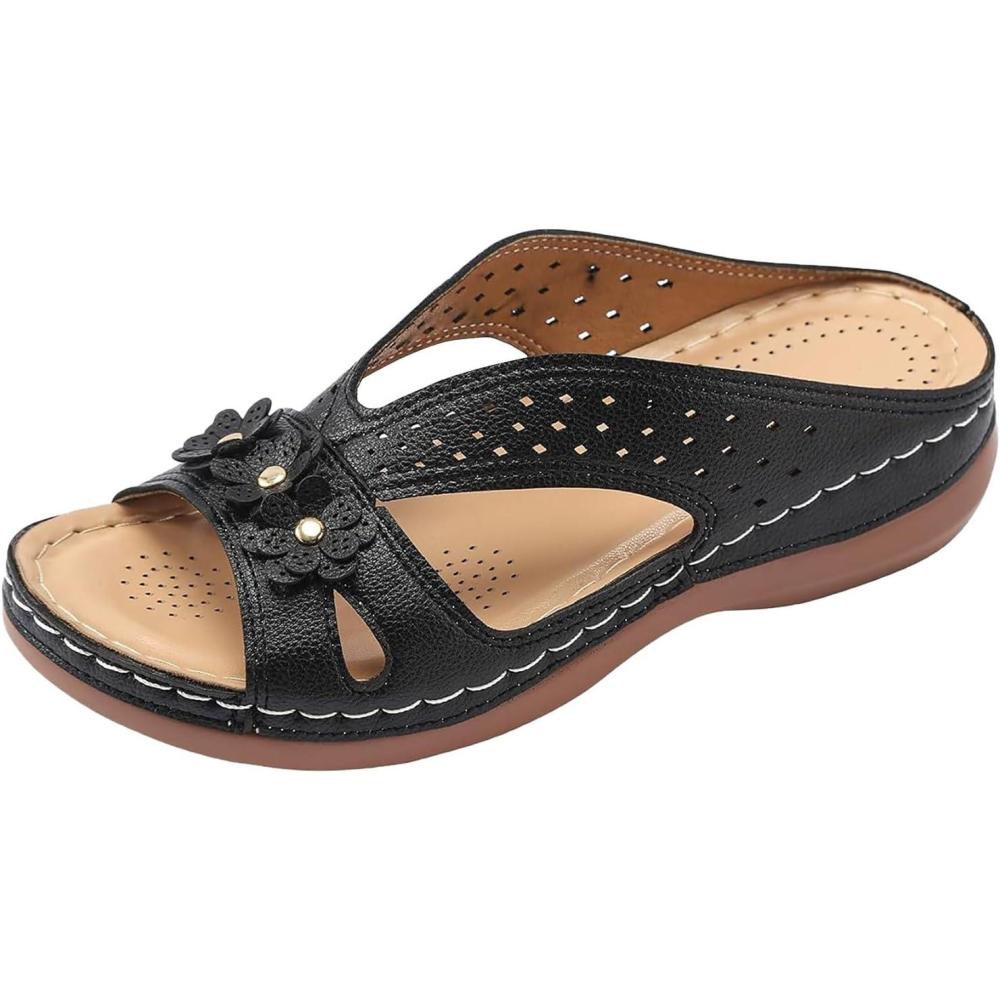 image:imageSandales Et Mules Pour Femmes t Mode Chaussure Compenses Bout Ouvert Sandales Claquettes Orthopdique AntiDrapant Chaussures De Plage Plateforme Mules Chaussons Respirantes PantouflesNoir