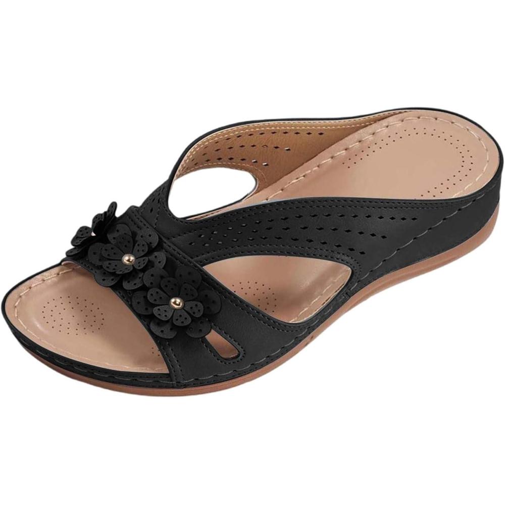 image:imageSandales Et Mules Pour Femmes t Mode Chaussure Compenses Bout Ouvert Sandales Claquettes Orthopdique AntiDrapant Chaussures De Plage Plateforme Mules Chaussons Respirantes PantouflesZ2 Black