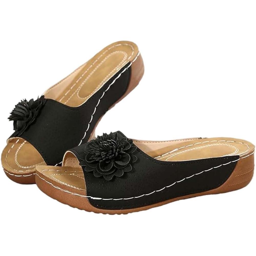 image:imageSandales Et Mules Pour Femmes t Mode Chaussure Compenses Bout Ouvert Sandales Claquettes Orthopdique AntiDrapant Chaussures De Plage Plateforme Mules Chaussons Respirantes PantouflesZ7 Black