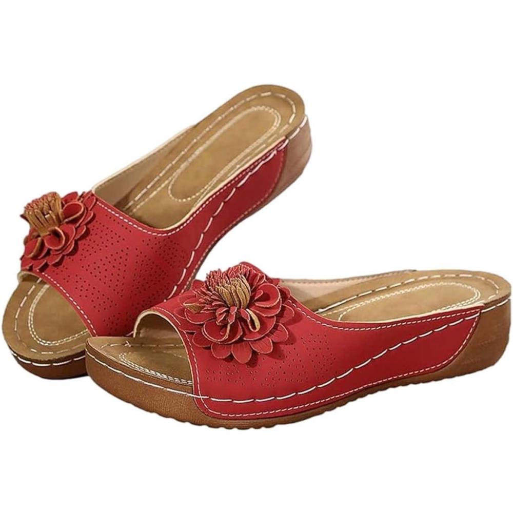 image:imageSandales Et Mules Pour Femmes t Mode Chaussure Compenses Bout Ouvert Sandales Claquettes Orthopdique AntiDrapant Chaussures De Plage Plateforme Mules Chaussons Respirantes PantouflesZ7 Red
