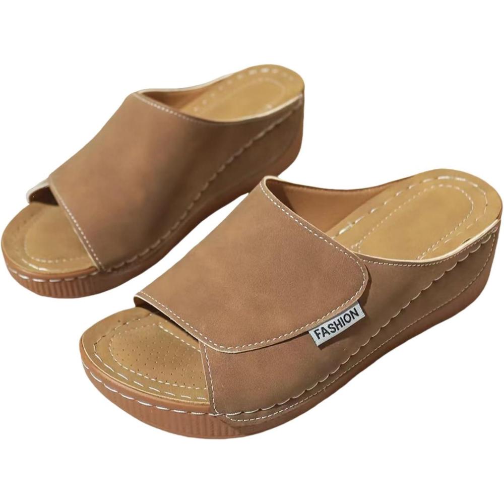 image:imageSandales Femme t Compenses Chic Orthopdique AntiDrapant Chaussure Chaussons Bout Ouvert Pantoufles Plateforme Chaussures De Plage Claquettes Lger MulesY3 Brown