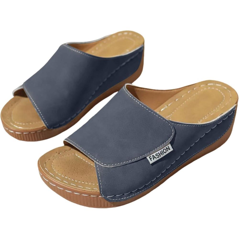 image:imageSandales Femme t Compenses Chic Orthopdique AntiDrapant Chaussure Chaussons Bout Ouvert Pantoufles Plateforme Chaussures De Plage Claquettes Lger MulesY3 Dark Blue
