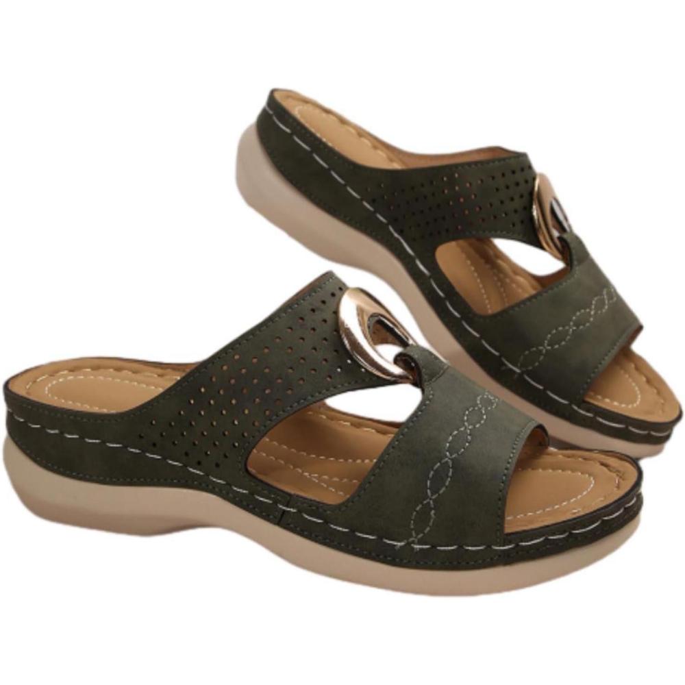 image:imageSandales Femme t Confortable Mules en Cuir pour Femmes Cadeau Sandale Mode Bout Ouvert Compenses Plateforme Pantoufles Orthopdiques Sandale Vente Flash du Jour et Soldes Chaussons de PlageVert