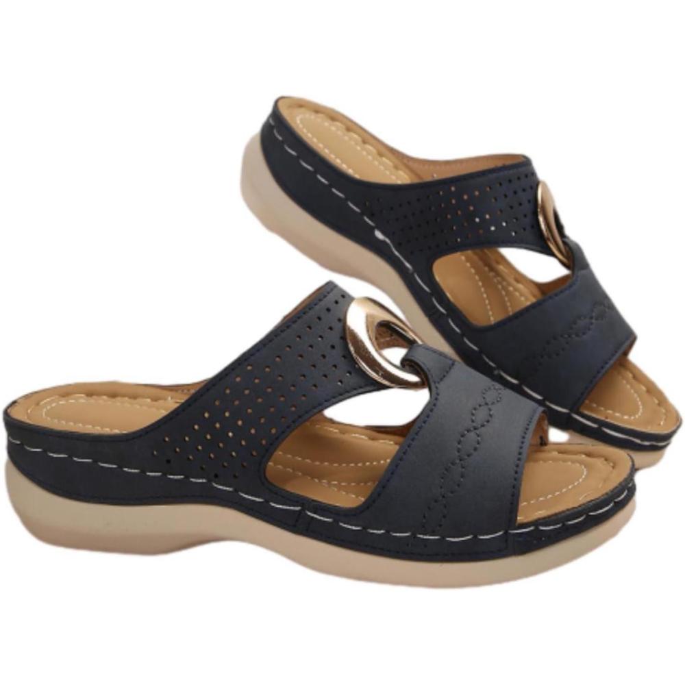image:imageSandales Femme t Confortable Mules en Cuir pour Femmes Cadeau Sandale Mode Bout Ouvert Compenses Plateforme Pantoufles Orthopdiques Sandale Vente Flash du Jour et Soldes Chaussons de PlageBleu