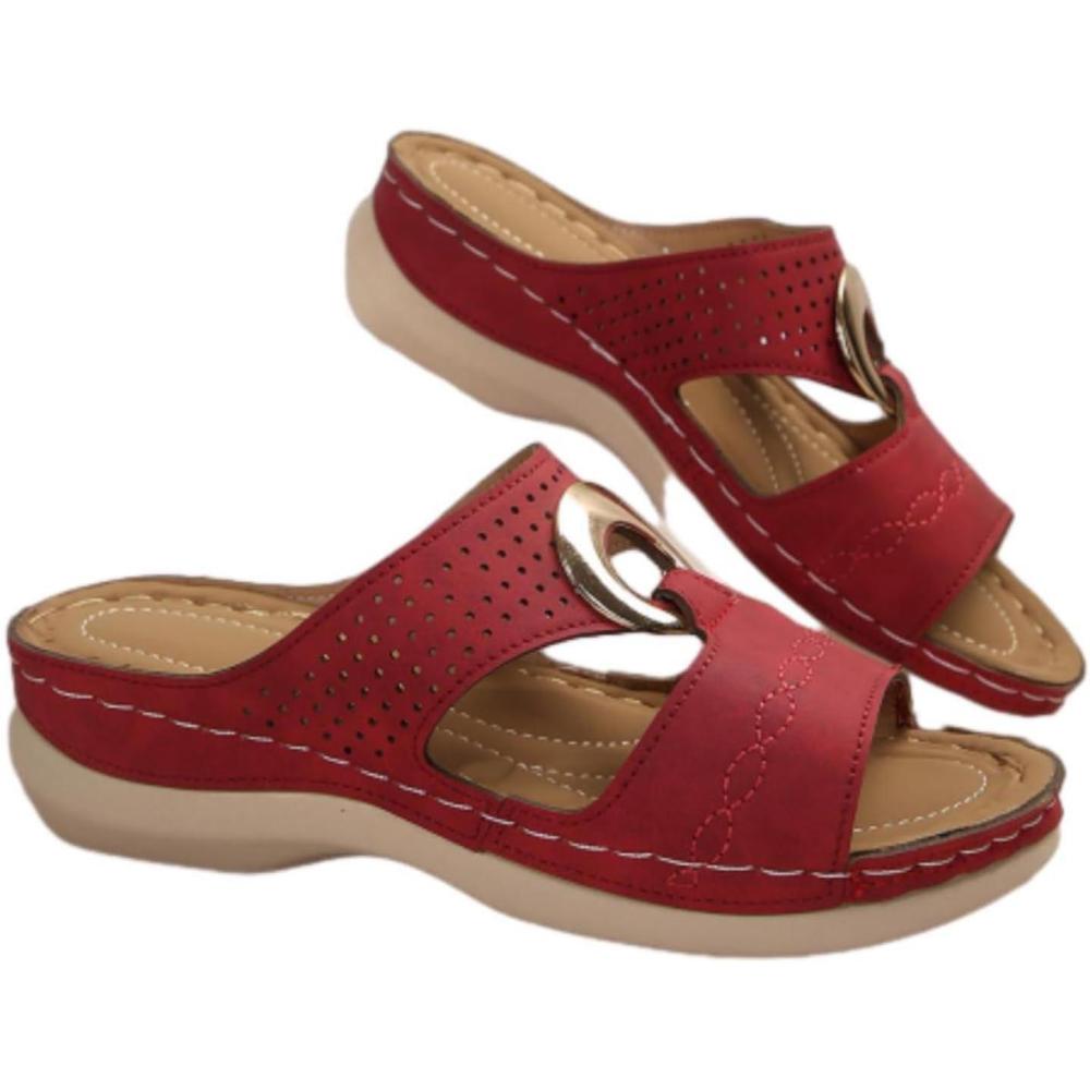 image:imageSandales Femme t Confortable Mules en Cuir pour Femmes Cadeau Sandale Mode Bout Ouvert Compenses Plateforme Pantoufles Orthopdiques Sandale Vente Flash du Jour et Soldes Chaussons de PlageRouge