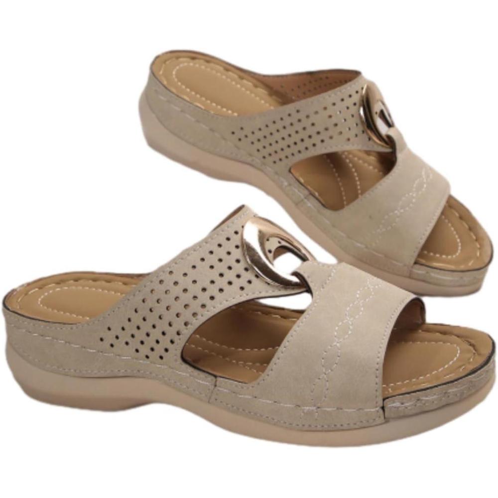 image:imageSandales Femme t Confortable Mules en Cuir pour Femmes Cadeau Sandale Mode Bout Ouvert Compenses Plateforme Pantoufles Orthopdiques Sandale Vente Flash du Jour et Soldes Chaussons de PlageKaki