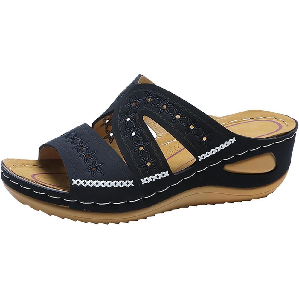 image:imageSandales Femmes t Sandales Antidrapantes Respirantes Bohme Bout Ouvert Sandales Orthopdique Confortables Plateforme Chaussures Sandales Femme t Confortable avec Talon Bloc De Marche FemmeLe Noir D