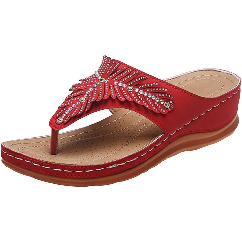 image:imageSandales Femmes t Sandales Antidrapantes Respirantes Bohme Bout Ouvert Sandales Orthopdique Confortables Plateforme Chaussures Sandales Femme t Confortable avec Talon Bloc De Marche FemmeRouge B