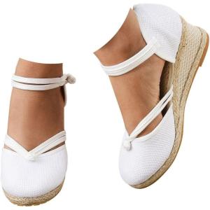 2025 Sandales à plateforme pour femme Espadrilles compensées confortables avec fermeture à boucle en jute élégantes et flexibles(2 Blanc)
