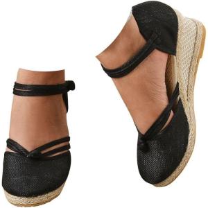 2025 Sandales à plateforme pour femme Espadrilles compensées confortables avec fermeture à boucle en jute élégantes et flexibles(2 Noir)
