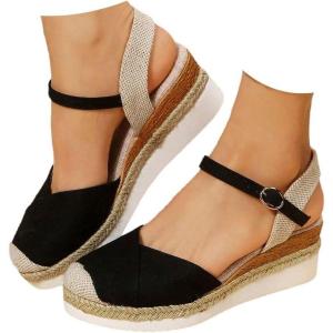 2025 Sandales à plateforme pour femme Espadrilles compensées confortables avec fermeture à boucle en jute élégantes et flexibles(4 Noir)