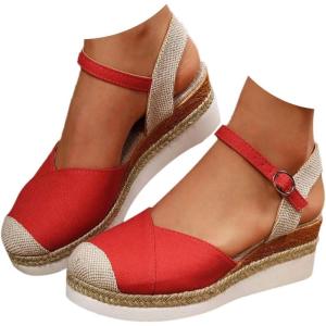 2025 Sandales à plateforme pour femme Espadrilles compensées confortables avec fermeture à boucle en jute élégantes et flexibles(4 Rouge)