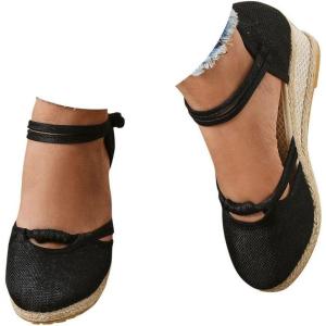 2025 Sandales à plateforme pour femme Espadrilles compensées confortables avec fermeture à boucle en jute élégantes et flexibles(Noir)