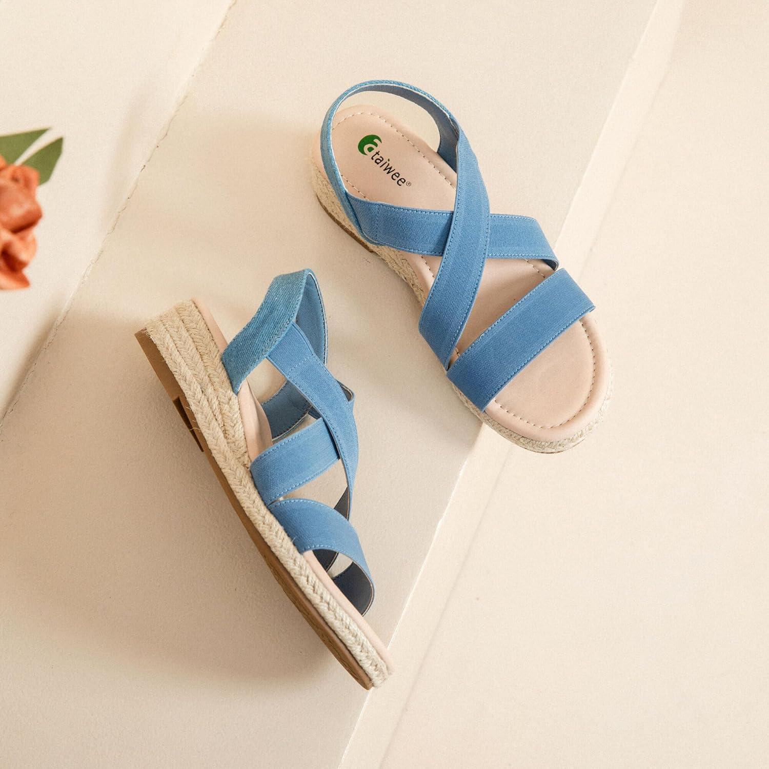 image:imageAtaiwee Sandales compenses plateforme pour femmesSandales compenses espadrilles dt dcontractes avec bride de cheville lastique et bout ouvertFr2507003 Bleu Clair